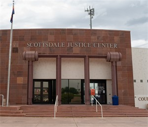 Justice Center Façade and Gavel Benches