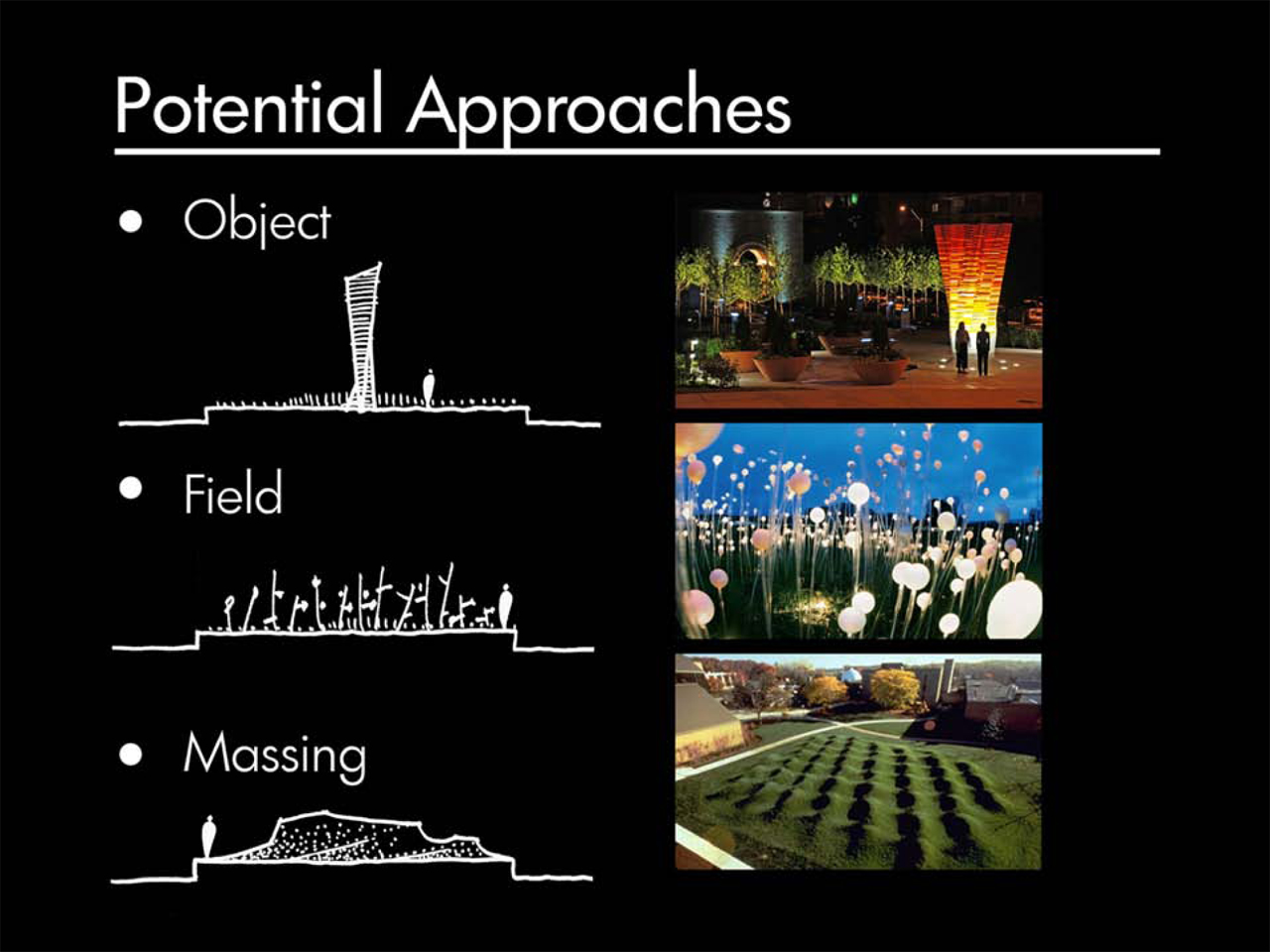 potential approaches to object field and massing infographic