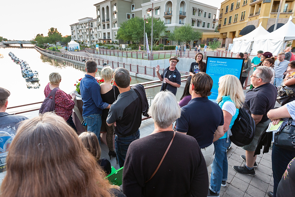 Kirk Strawn, founder of Walter Productions, talks about Water Serpent during a Canal Convergence artist talk in November 2019.