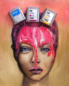 This self-portrait shows the artist becoming engulfed in her art materials.